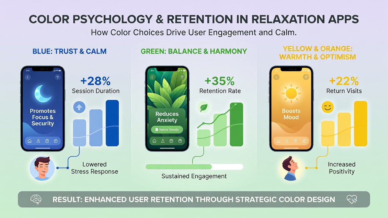 User interface examples demonstrating color application in meditation and ambient sound apps